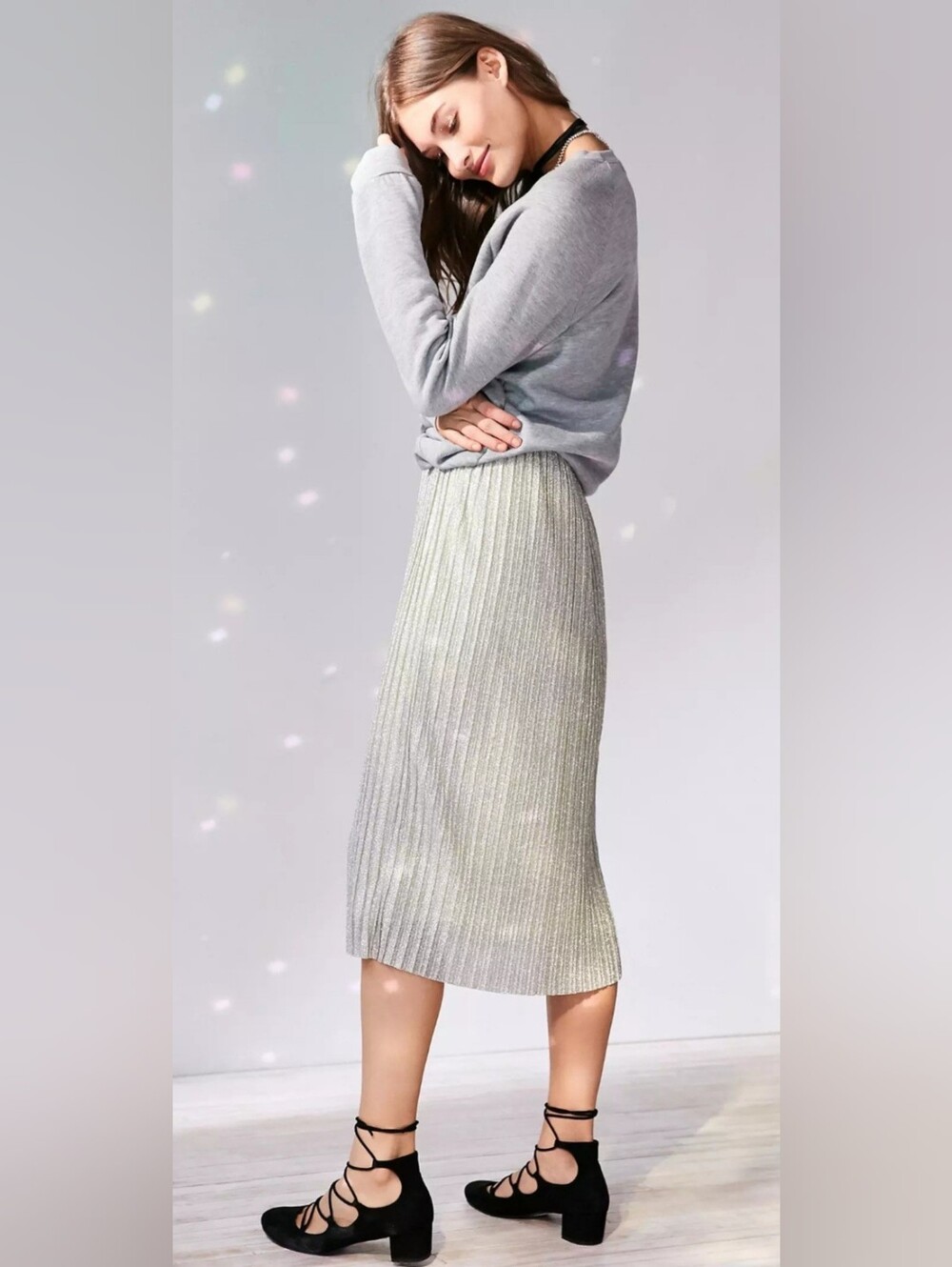 Anthropologie Kimchi Blue Alexis Shimmer Pleated Metallic Silver Midi Skirt NWT